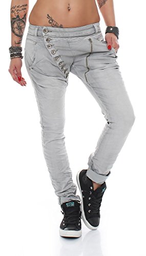 Fashion4Young 5857 MOZZAAR Damen Jeans Hose Röhrenjeans Haremshose Röhre Damenjeans Hüftjeans (S = 36, Grau) von Fashion4Young