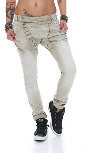 Fashion4Young 5857 MOZZAAR Damen Jeans Hose Röhrenjeans Haremshose Röhre Damenjeans Hüftjeans (XL=42, Beige) von Fashion4Young