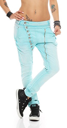 Fashion4Young 5857 MOZZAAR Damen Jeans Hose Röhrenjeans Haremshose Röhre Damenjeans Hüftjeans (XL=42, türkis) von Fashion4Young
