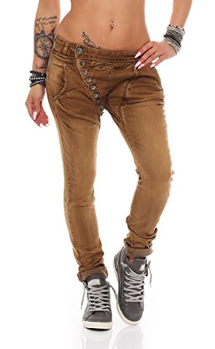 Fashion4Young 5857 MOZZAAR Damen Jeans Hose Röhrenjeans Haremshose Röhre Damenjeans Hüftjeans (XS = 34, Braun) von Fashion4Young