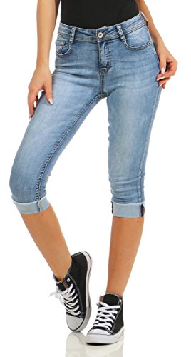 Fashion4Young 5978 Damen Capri Jeans Bermudas Shorts Kurze Hose Caprijeans High-Waist (blau, L-40) von Fashion4Young