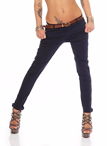 Fashion4Young Damen Skinny Chino Pant Hautenge Treggings Stretch-Stoff Damenhose mit Gürtel (L=40, Dunkelblau) von Fashion4Young