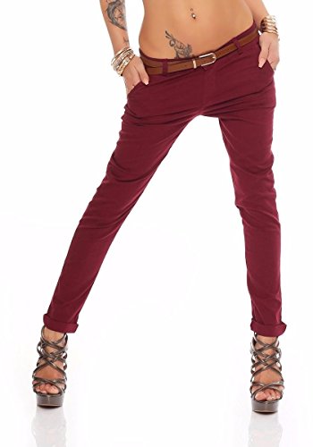 Fashion4Young Damen Skinny Chino Pant Hautenge Treggings Stretch-Stoff Damenhose mit Gürtel (L=40, Weinrot) von Fashion4Young