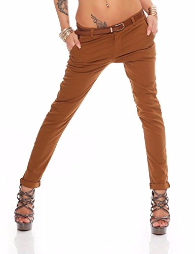 Fashion4Young Damen Skinny Chino Pant Hautenge Treggings Stretch-Stoff Damenhose mit Gürtel (M=38, Dunkelbraun) von Fashion4Young