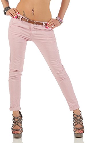 Fashion4Young Damen Skinny Chino Pant Hautenge Treggings Stretch-Stoff Damenhose mit Gürtel (S=36, 11146-altrosa) von Fashion4Young