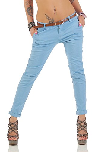 Fashion4Young Damen Skinny Chino Pant Hautenge Treggings Stretch-Stoff Damenhose mit Gürtel (XL=42, 11146-hellblau) von Fashion4Young