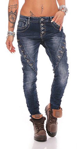 Fashion4Young MOZZAAR Damen Jeans Röhrenjeans Haremshose Hüftjeans Baggy Haremsjeans Boyfriend (L=40, 10793-Dunkelblau) von Fashion4Young