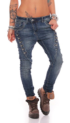 Fashion4Young MOZZAAR Damen Jeans Röhrenjeans Haremshose Hüftjeans Baggy Haremsjeans Boyfriend (M=38, 10784-Dunkelblau) von Fashion4Young