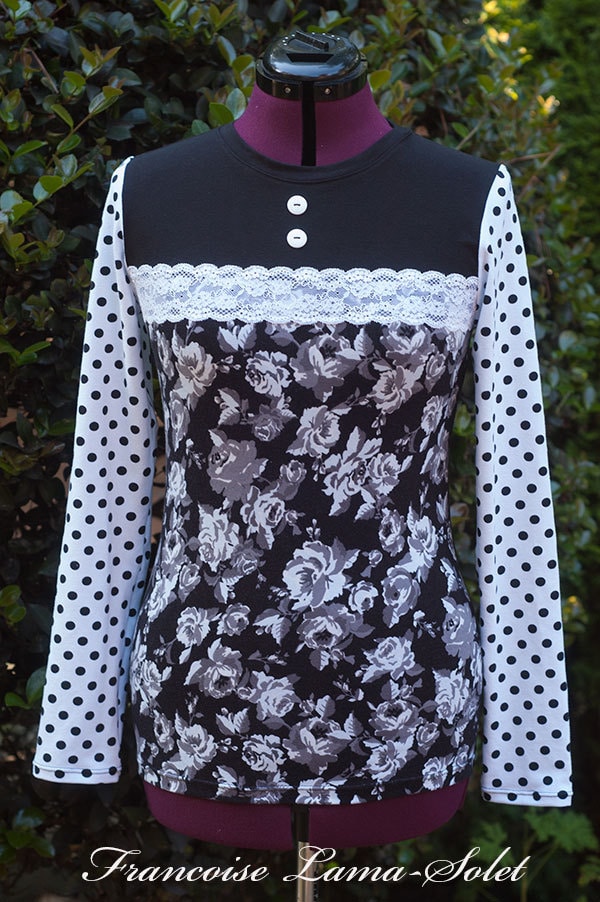Handgemachtes Blumen Patchwork Langarm T-Shirt Polka Dot Ärmel Handgemachtes Blumen Patchwork Langarm T-Shirt Polka Dot Ärmel von FashionByFrancoise