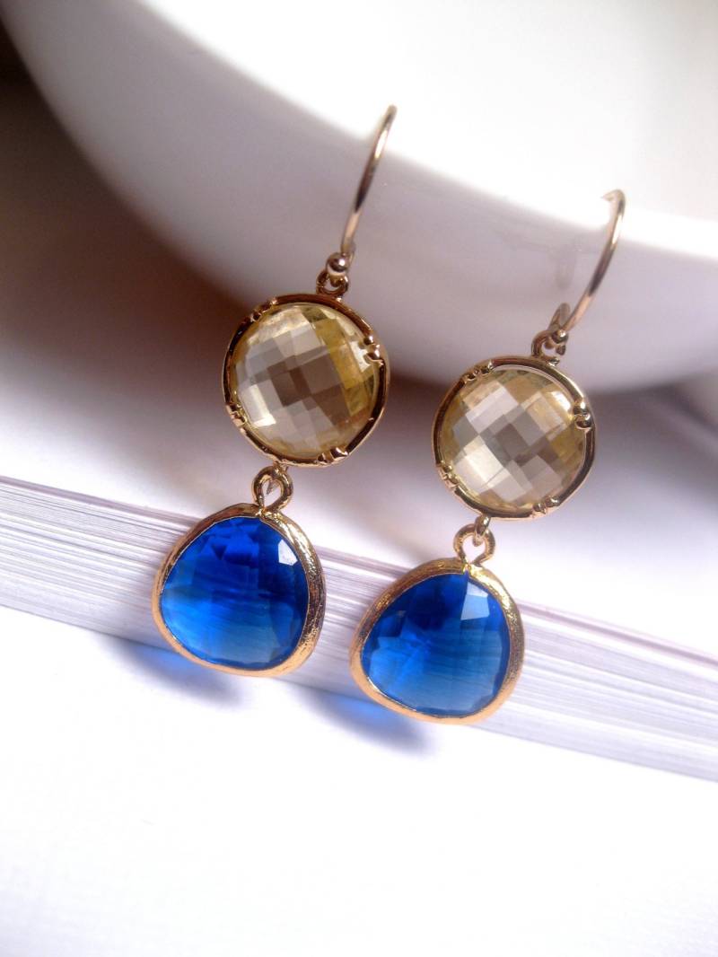Blaue Ohrringe - Blau Gold Glas Klare Kristall Kreis Tropfen Doppel von FashionCrashJewelry