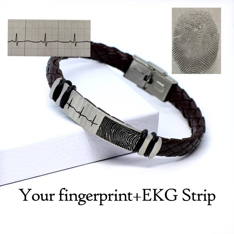Herren Monogramm Leder Personalisierte Fingerabdruck Bracelet.dad Geschenk. Ekg Streifen Gravur. Armband. Geschenk Zum Vatertag von FashionGurus