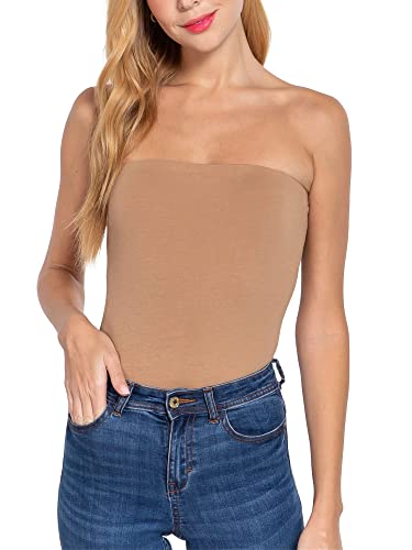 FashionMille Damen Tube Bandeau Baumwolle Spandex Jersey Bodysuit Trägerloses Top, Beige, Medium von FashionMille