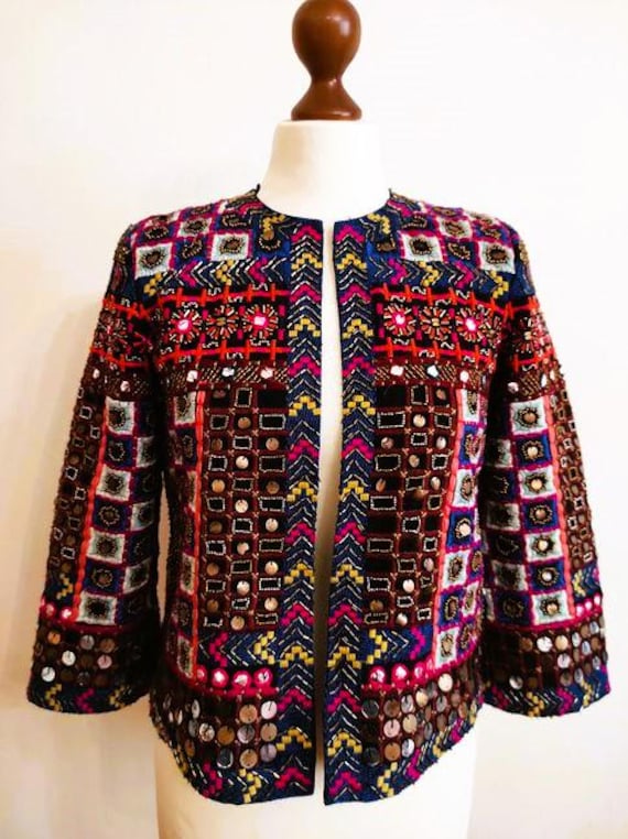 Zara Trafaluc Jacke, Boho Ethno Jacke Aufwendig Bestickt, Pailletten Und Perlen von FashionNostalgic