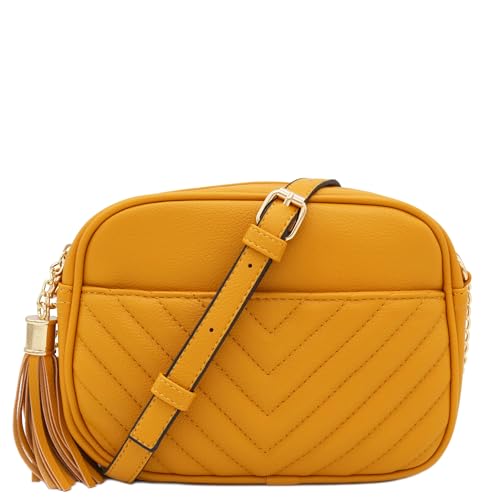 FashionPuzzle Chevron Kameratasche, gesteppt, mit Kettenriemen und Quaste, Senf, Einheitsgröße von FashionPuzzle