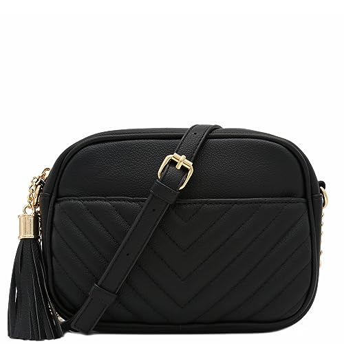 FashionPuzzle Chevron gesteppte Crossbody-Kameratasche mit Kettenriemen und Quaste, Schwarz, Einheitsgröße von FashionPuzzle