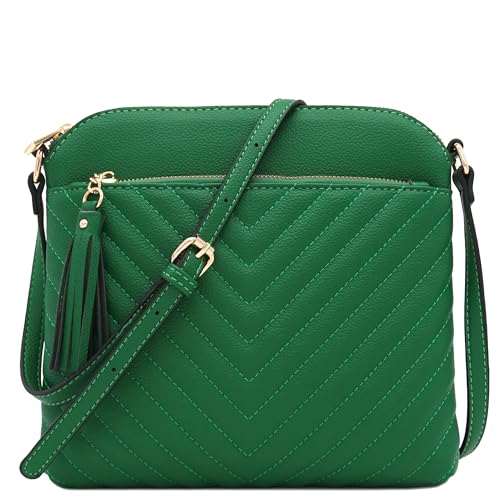 FashionPuzzle Chevron gesteppte mittelgroße Umhängetasche mit Quasten-Akzent, Kelly, grün, Einheitsgröße von FashionPuzzle