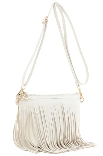 FashionPuzzle Kleine Umhängetasche mit Fransen und Handgelenkschlaufe, Weiss/opulenter Garten, Einheitsgröße von FashionPuzzle