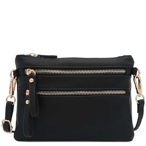 FashionPuzzle Multi Zipper Pocket Small Wristlet Crossbody Bag Black von FashionPuzzle