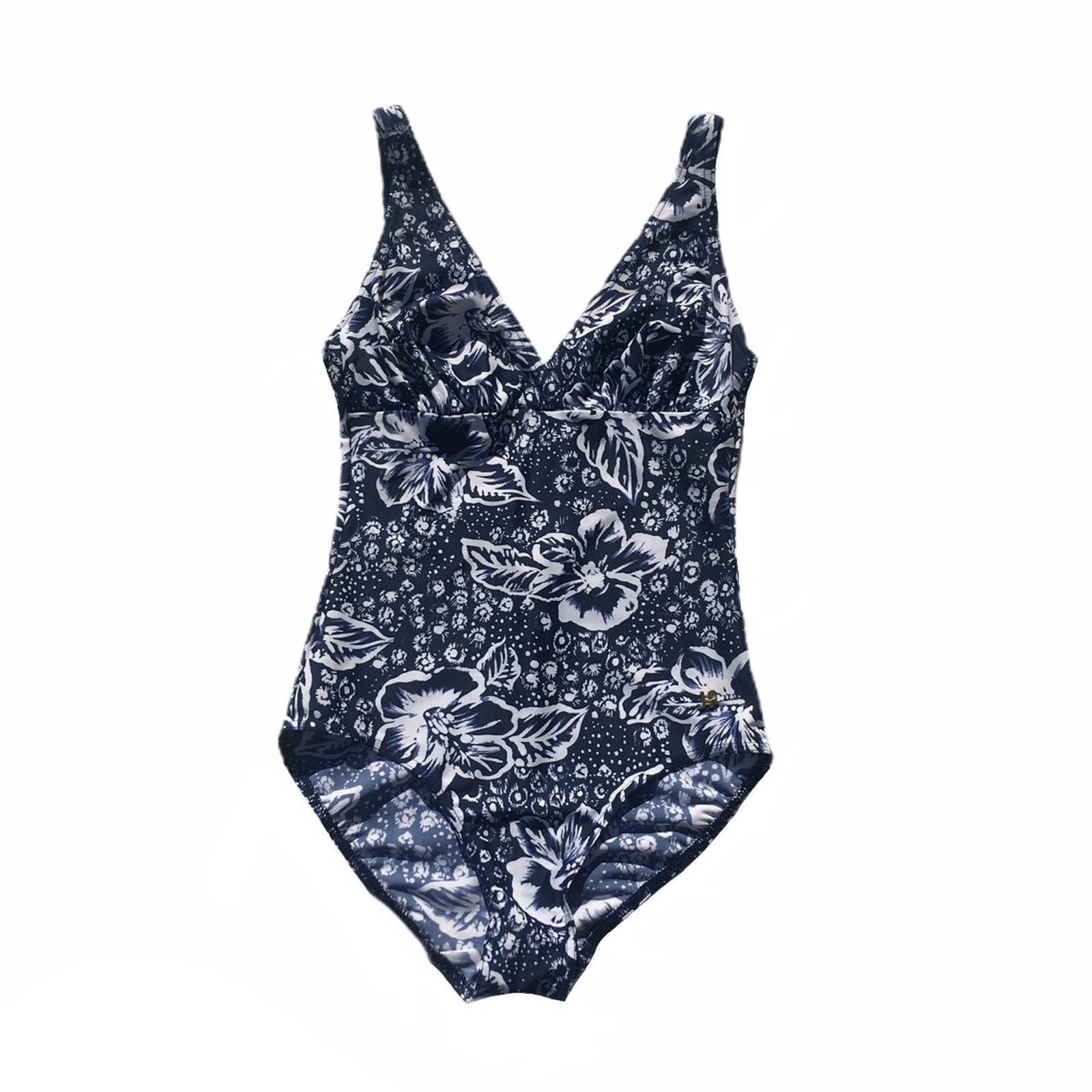 90S Vintage Retro Bademode Bodysuit Marine Blau Weiß Floral Muster Damen Ein Stück Schwimmen Badeanzug Kostüm Beachwear Festival Größe 38 von FashionRebornUK