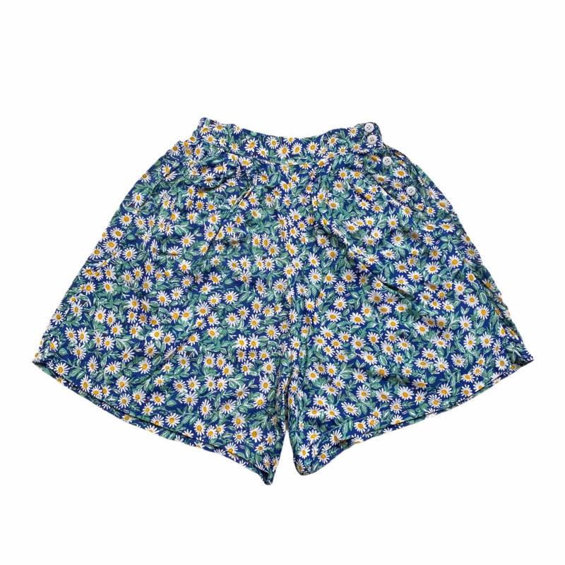 Vintage 70Er Jahre Hoch Taillierte Shorts Im Cottagecore - Süßes Daisy Blumenmuster in Blau Grün Weiß & Gelb von FashionRebornUK
