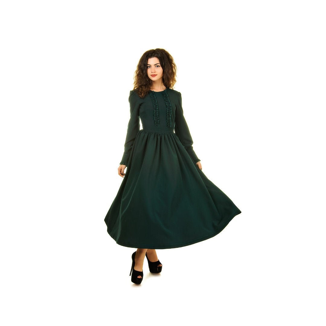 30% Ausverkauf, Smaragd Kleid Langarm, Dunkelgrünes Maxikleid, Renaissance Kleid, Nur Größe Xs, Hochzeitsgast von FashionStylishDress