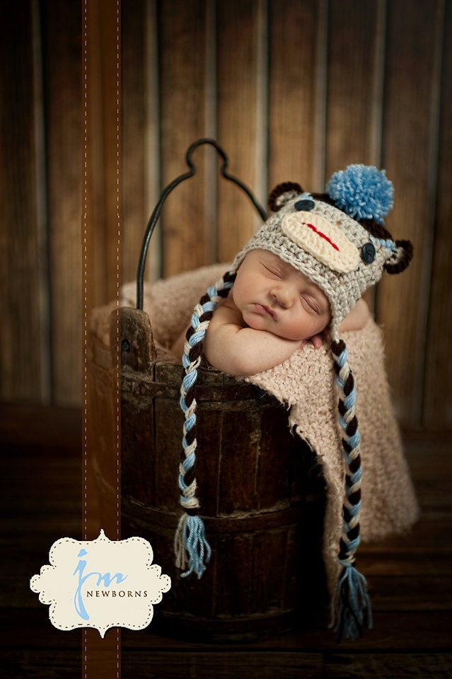 Baby Hut, Sock Monkey, Neugeborene Baby-Foto-Prop, Stricken Junge Fotografie-Prop von FashionTouch
