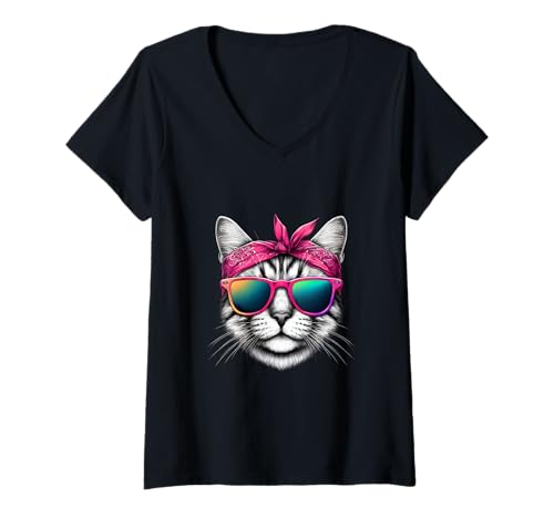Damen Katze trägt ein rosa Bandana-Stirnband und Sonnenbrille T-Shirt mit V-Ausschnitt Damen Katze trägt ein rosa Bandana-Stirnband und Sonnenbrille T-Shirt mit V-Ausschnitt von Fashionable Animals Wearing Pink Bandanas Store