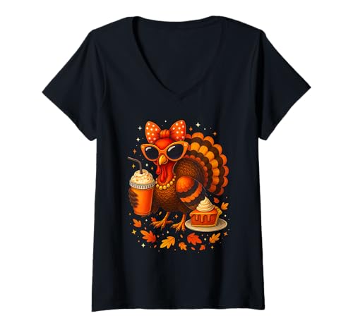 Damen Lustiges trendiges Truthahn-Kürbis-Gewürz Thanksgiving Herbstliebhaber T-Shirt mit V-Ausschnitt Damen Lustiges trendiges Truthahn-Kürbis-Gewürz Thanksgiving Herbstliebhaber T-Shirt mit V-Ausschnitt von Fashionable Turkey Autumn Coffee Pie Fun