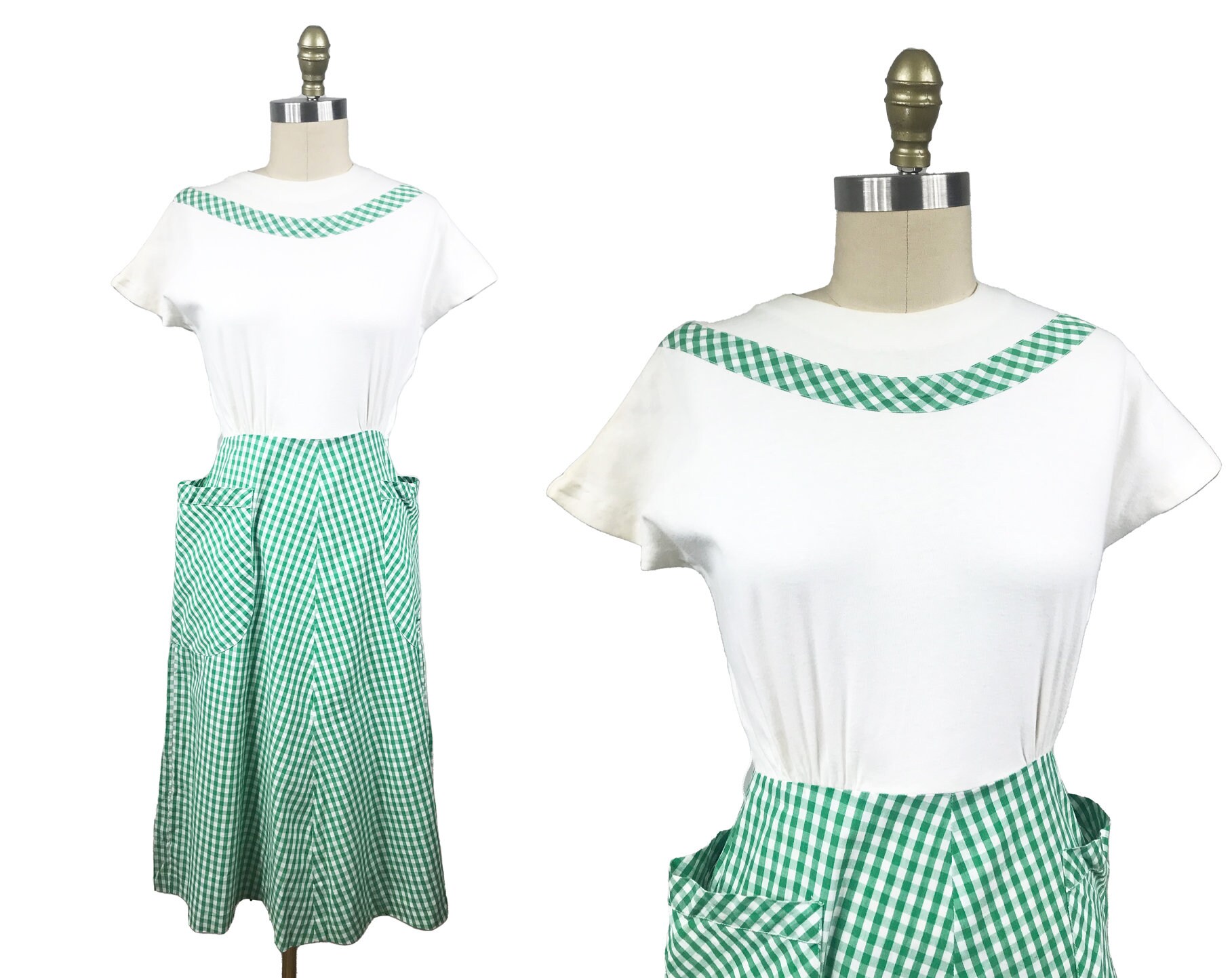Vintage 1940Er Jahre Grün Weiß Vichy Karo Kleid - Sommer Frühling Baumwolle Strick Taschen Taille 26" von FashionaireVintage