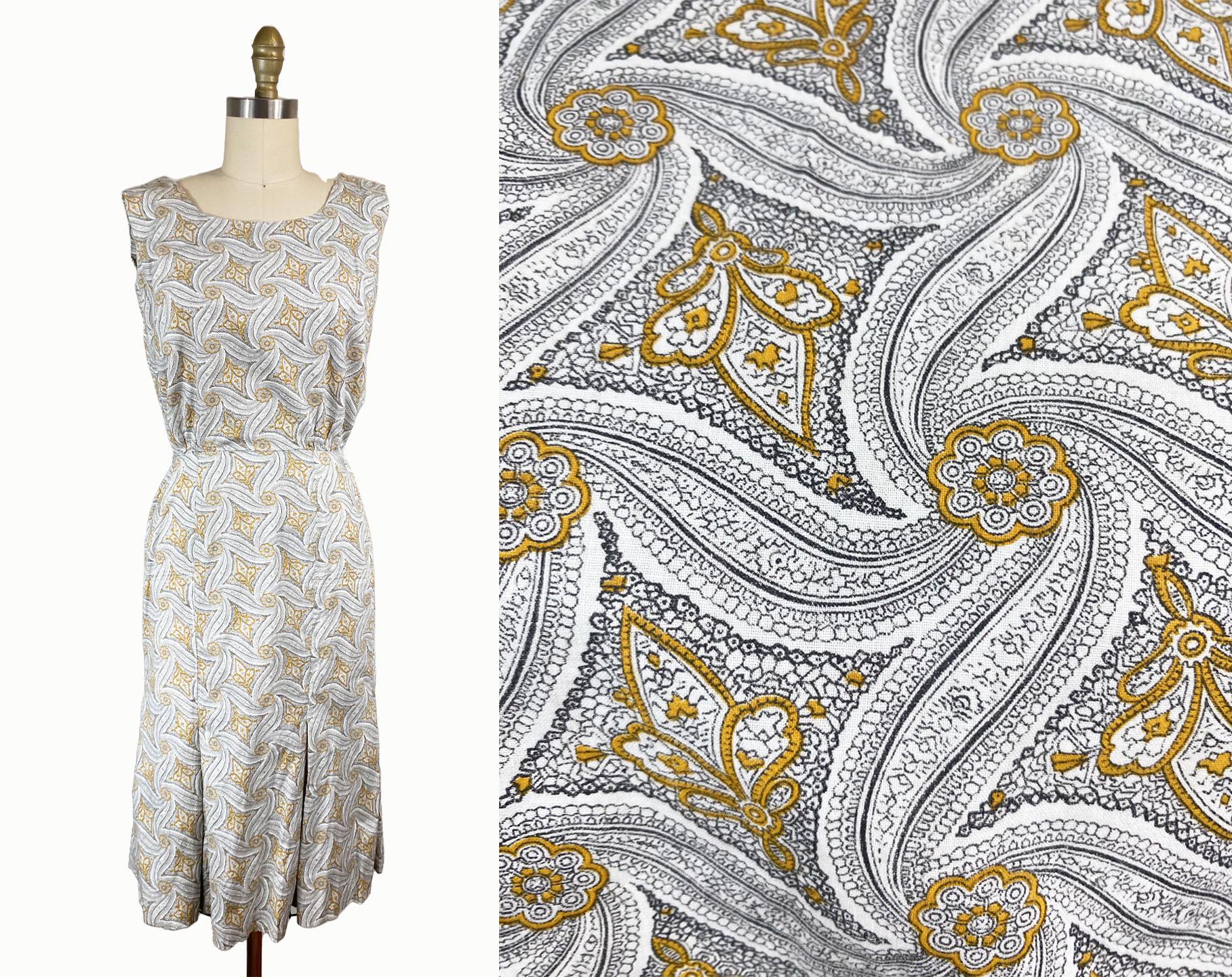 Vintage 1950 Baumwolle Paisley Gold Grau Meerjungfrau Kleid - Ausgestattet Bleistiftrock Godet Taille-26 " von FashionaireVintage