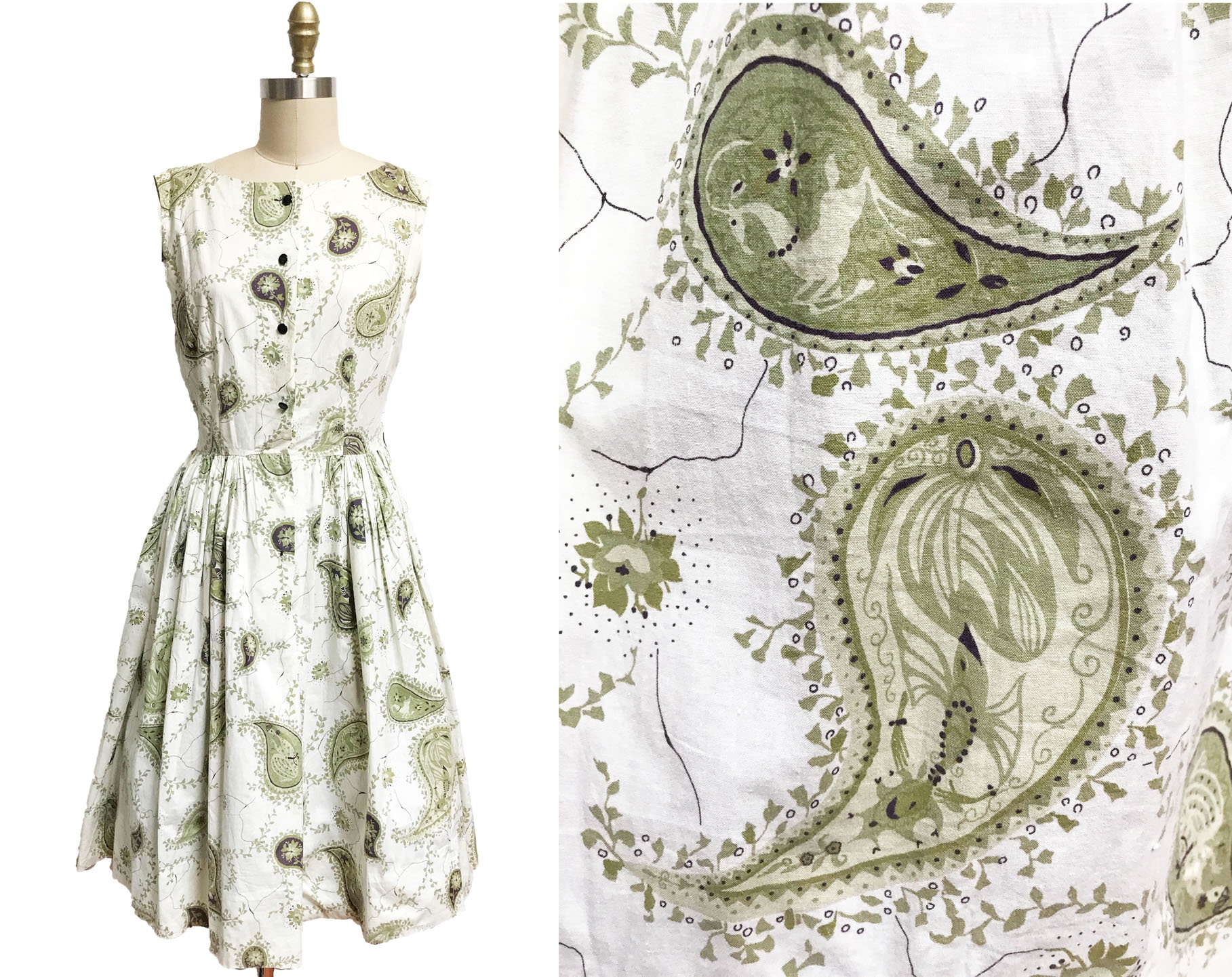 Vintage 1950Er Jahre Grün Neuheit Hirsch-Druck-Weißes Paisley Gebrochenes Marmor-Kleid - Sommerkleid-Voller Rock-Tagwäsche Taille 30 " von FashionaireVintage