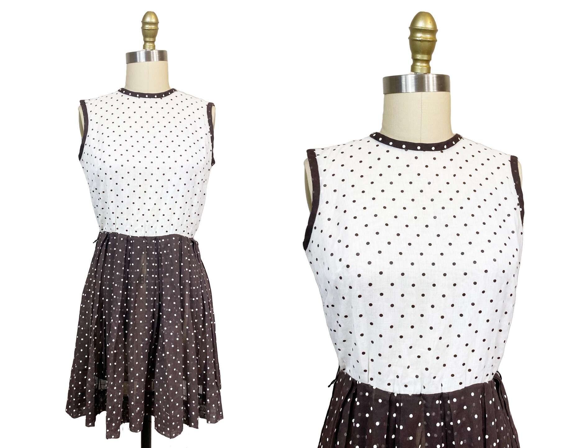 Vintage 1960S Braun Weißes Polka Dot Kleid - Junior Day Mod Süßes Union Label Voller Rock Taille 26 " von FashionaireVintage