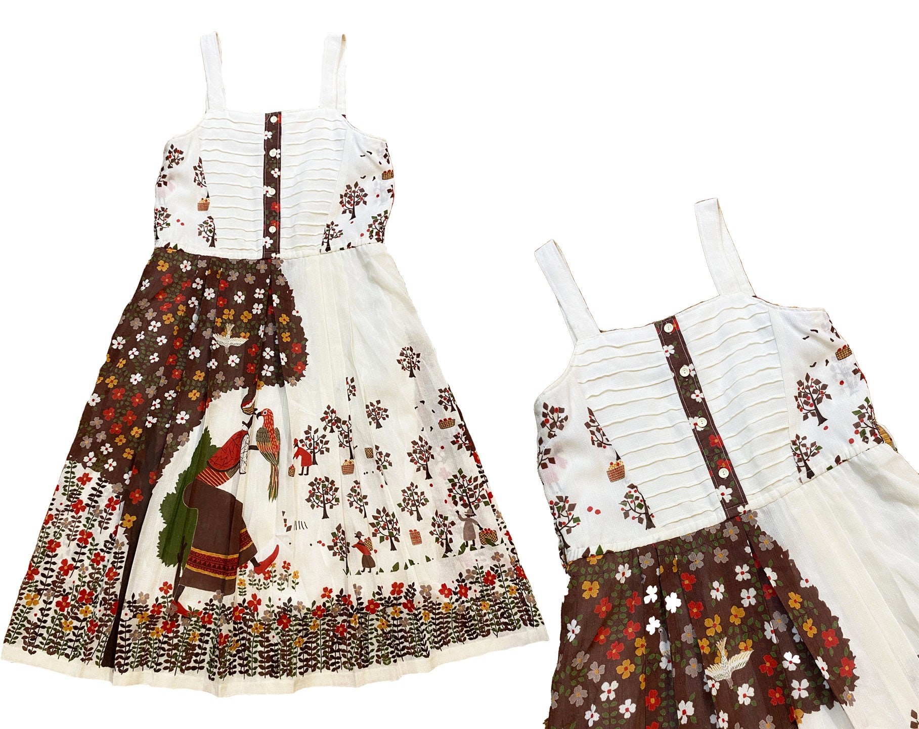 Vintage 1970Er Folk Print Kleid - Gedruckter Neuheit Druck Bunte Äpfel Freie Blumen Weiß Braun Rot Taille-76cm von FashionaireVintage