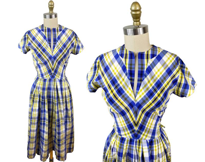 Vintage 40Er 50Er Jahre Blau Gelb Paid Day Kleid von FashionaireVintage