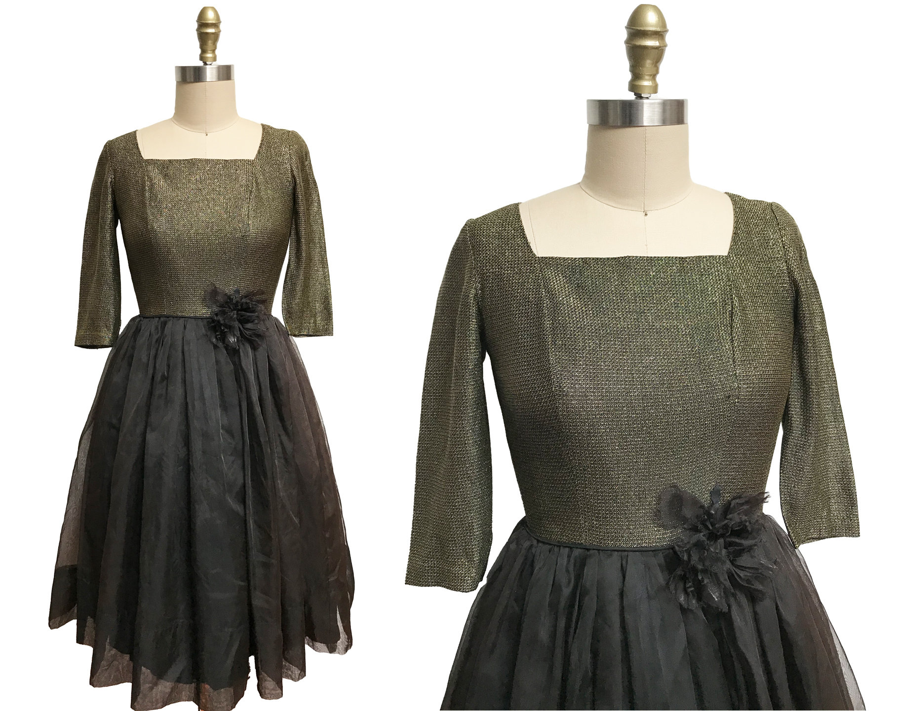 Vintage 50Er Jahre Kleid - Party Cocktail Abend Gold Lurex Voller Rock Schwarz Chiffon Blume Detail Taille-24 " von FashionaireVintage