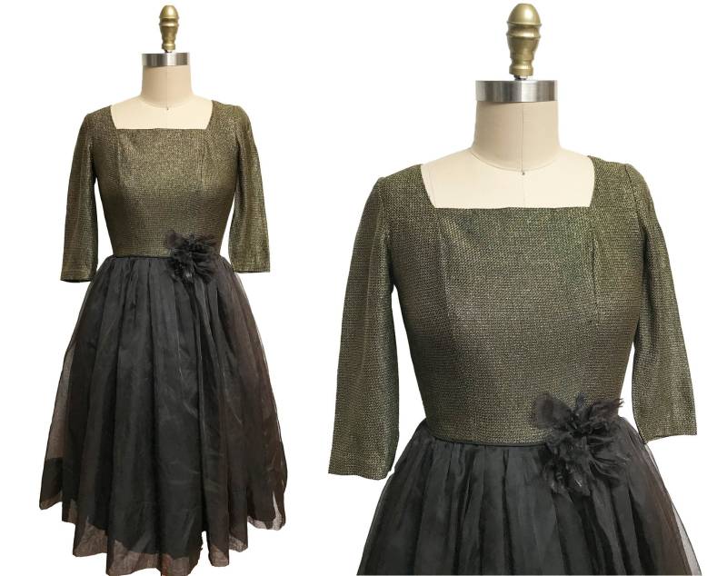 Vintage 50Er Jahre Kleid - Party Cocktail Abend Gold Lurex Voller Rock Schwarz Chiffon Blume Detail Taille-24 " von FashionaireVintage