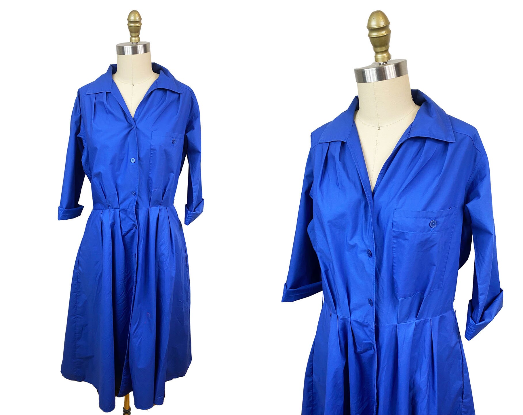 Vintage Volup 1980Er Macht 1950S Blaues Hemdkleid Mit Knöpfen Und Taschen Sommer Baumwolle Tag Taille-33 " von FashionaireVintage