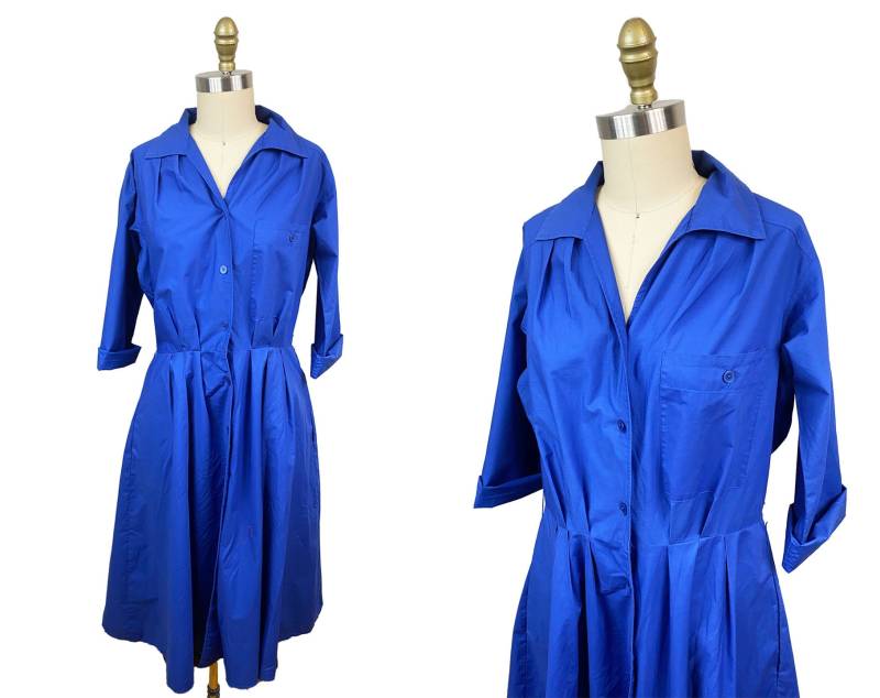 Vintage Volup 1980Er Macht 1950S Blaues Hemdkleid Mit Knöpfen Und Taschen Sommer Baumwolle Tag Taille-33 " von FashionaireVintage