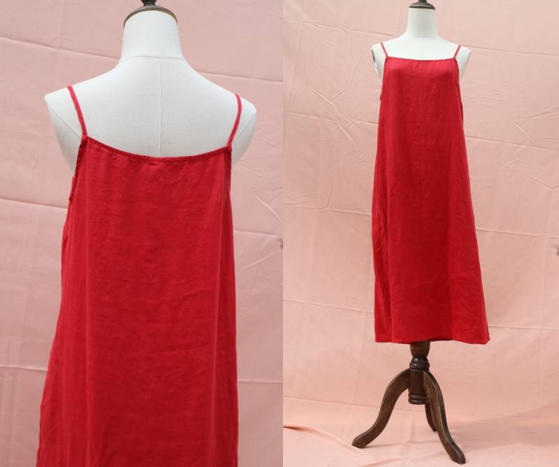 37 Farbe Leinen Midi Slip Kleid Lose Rotes Nacht Kleid Nachthemd Hosenträger Für Frauen Handgemachte von FashionalClothing