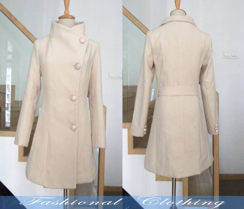 Creme Mantel Midi Herbst Winter Warm Damen Kleidung Langarm Jacke Oberbekleidung Mehr Größe Individualisierung von FashionalClothing