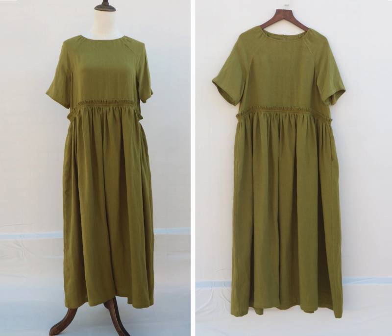 Grüne Leinen Kleid Langes Lose Und Komfortable Kurzarm Sommer Kleidung Frauen von FashionalClothing