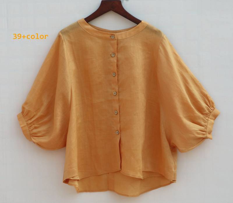 Leinen Bluse Lange Tees Top Gelb Für Frauen Locker Und Bequem Halbarm Fledermausärmel Sommer Herbst Handmade von FashionalClothing