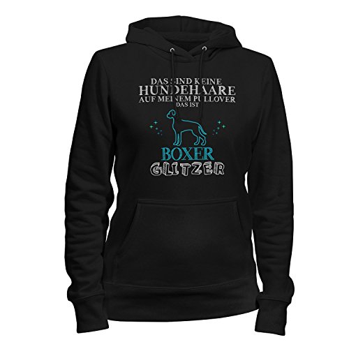 Fashionalarm Damen Kapuzen Pullover - Das sind Keine Hundehaare - Boxer Glitzer | Fun Hoodie Spruch lustige Geschenk Idee Rasse Hunde Besitzer, Farbe:schwarz;Größe:XS von Fashionalarm