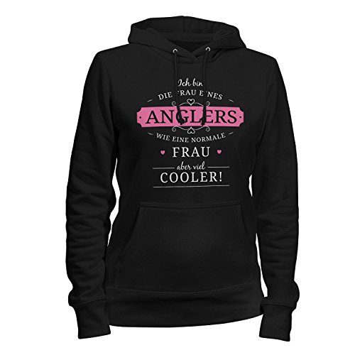 Fashionalarm Damen Kapuzen Pullover - Frau eines Anglers | Fun Hoodie mit lustigem Spruch Geschenk Idee verheiratete Paare Ehefrau Angeln Fischer, Farbe:schwarz;Größe:M von Fashionalarm