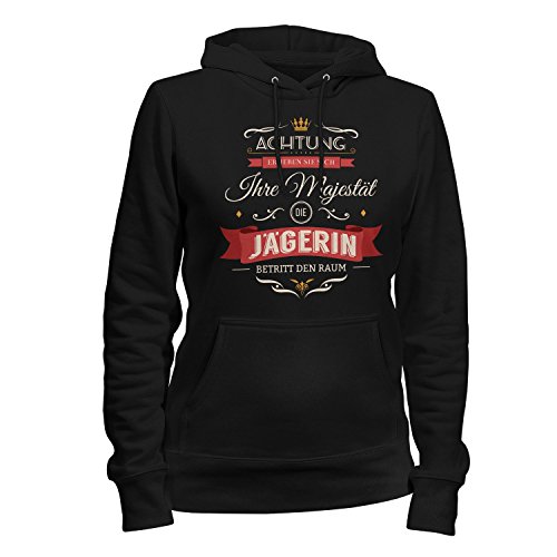 Fashionalarm Damen Kapuzen Pullover - Ihre Majestät die Jägerin betritt den Raum | Fun Hoodie Spruch Geschenk Idee Berufsjägerin Jagd Sport Jagen, Farbe:schwarz;Größe:L von Fashionalarm