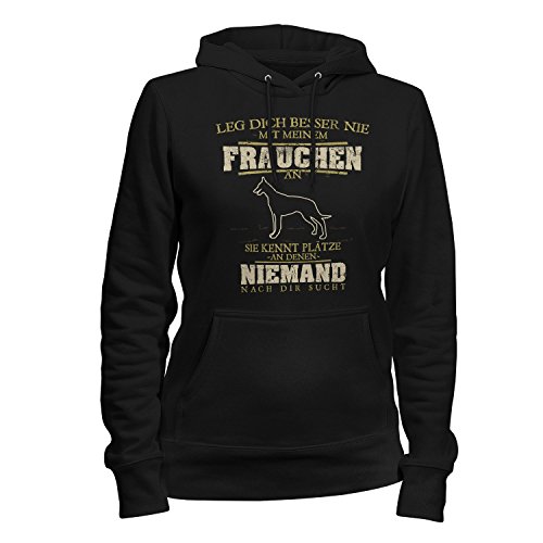 Fashionalarm Damen Kapuzen Pullover - Malinois - Leg Dich Besser nie mit Meinem Frauchen an | Fun Hoodie mit lustigem Spruch Rasse Hunde Besitzer, Farbe:schwarz;Größe:M von Fashionalarm