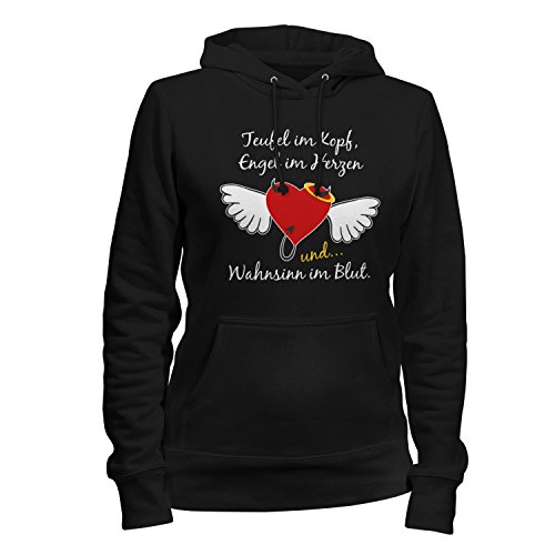 Fashionalarm Damen Kapuzen Pullover - Teufel Engel Wahnsinn | Fun Hoodie mit lustigem Spruch & Motiv Herz mit Flügel als Geschenk Idee für Frauen, Farbe:schwarz;Größe:3XL von Fashionalarm
