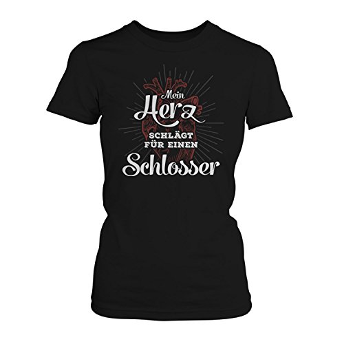 Fashionalarm Damen T-Shirt - Mein Herz schlägt für einen Schlosser | Fun Shirt mit Spruch als Geschenk Idee Freundin Paare Metallbauer Beruf Job, Farbe:schwarz;Größe:5XL von Fashionalarm