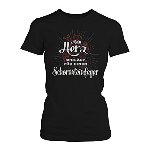 Fashionalarm Damen T-Shirt - Mein Herz schlägt für einen Schornsteinfeger | Fun Shirt mit Spruch als Geschenk Idee Freundin Paare Kamin Kehrer, Farbe:schwarz;Größe:M von Fashionalarm