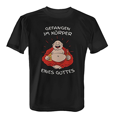 Fashionalarm Gefangen im Körper eines Gottes - Herren T-Shirt Fun Shirt Spaß lustig Sommer Strandfigur Buddha Waschbärbauch Bier Pizza Übergewicht Abnehmen, Farbe:schwarz;Größe:5XL von Fashionalarm